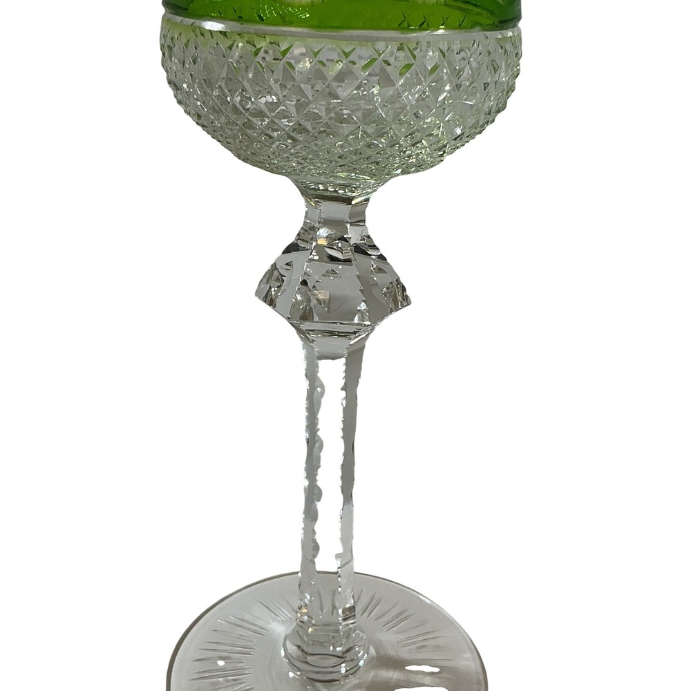 Vintage Green Cut to Clear Crystal Wine Hock Tall Stem Faceted Glassware - Picture 4 of 9